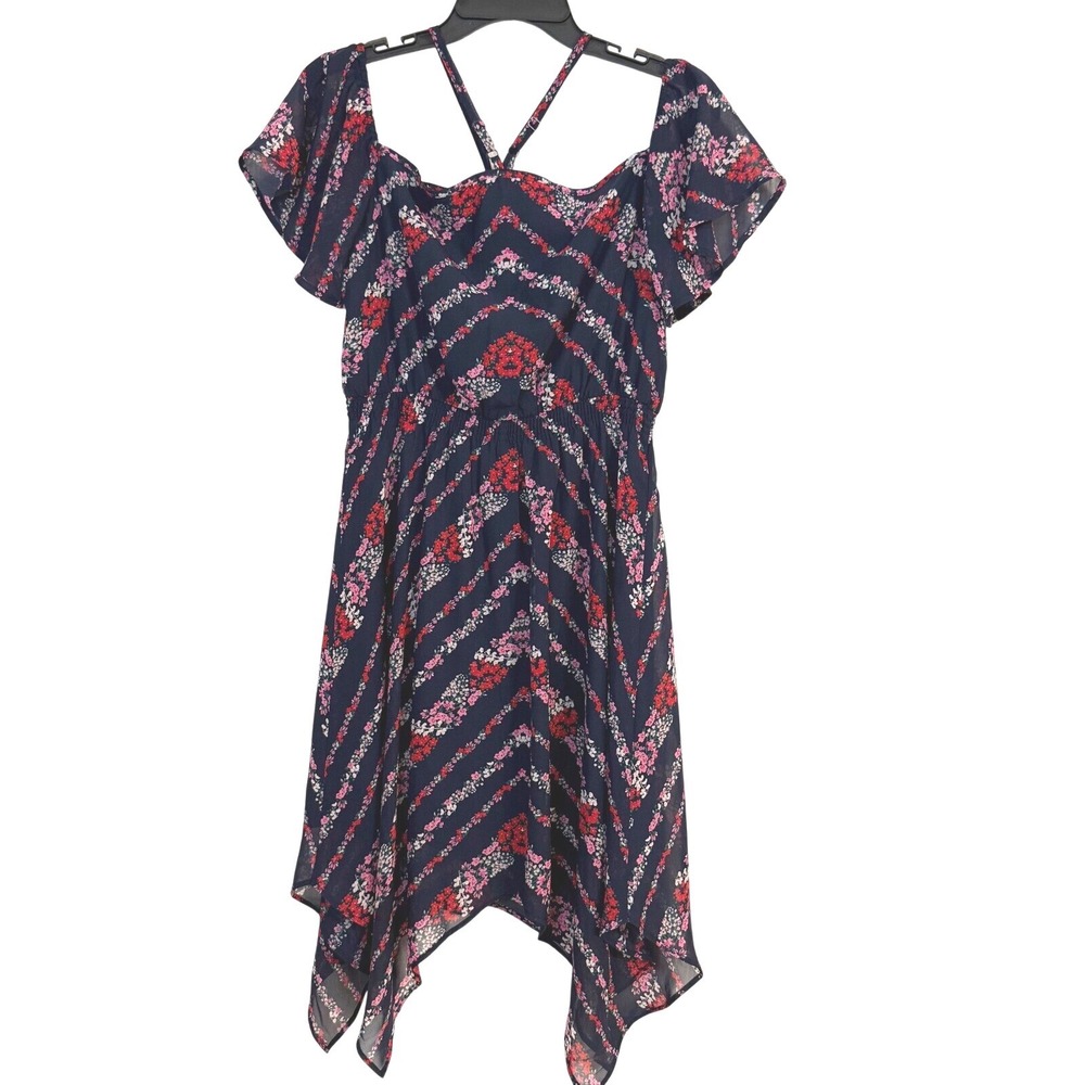 Maurices Floral Dress Handkerchief Hem Criss Cross Back Navy Blue M‎